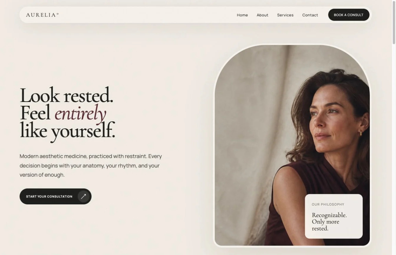 Aurelia Aesthetic Medicine homepage with editorial typography, a consultation call to action, and a portrait-led hero.