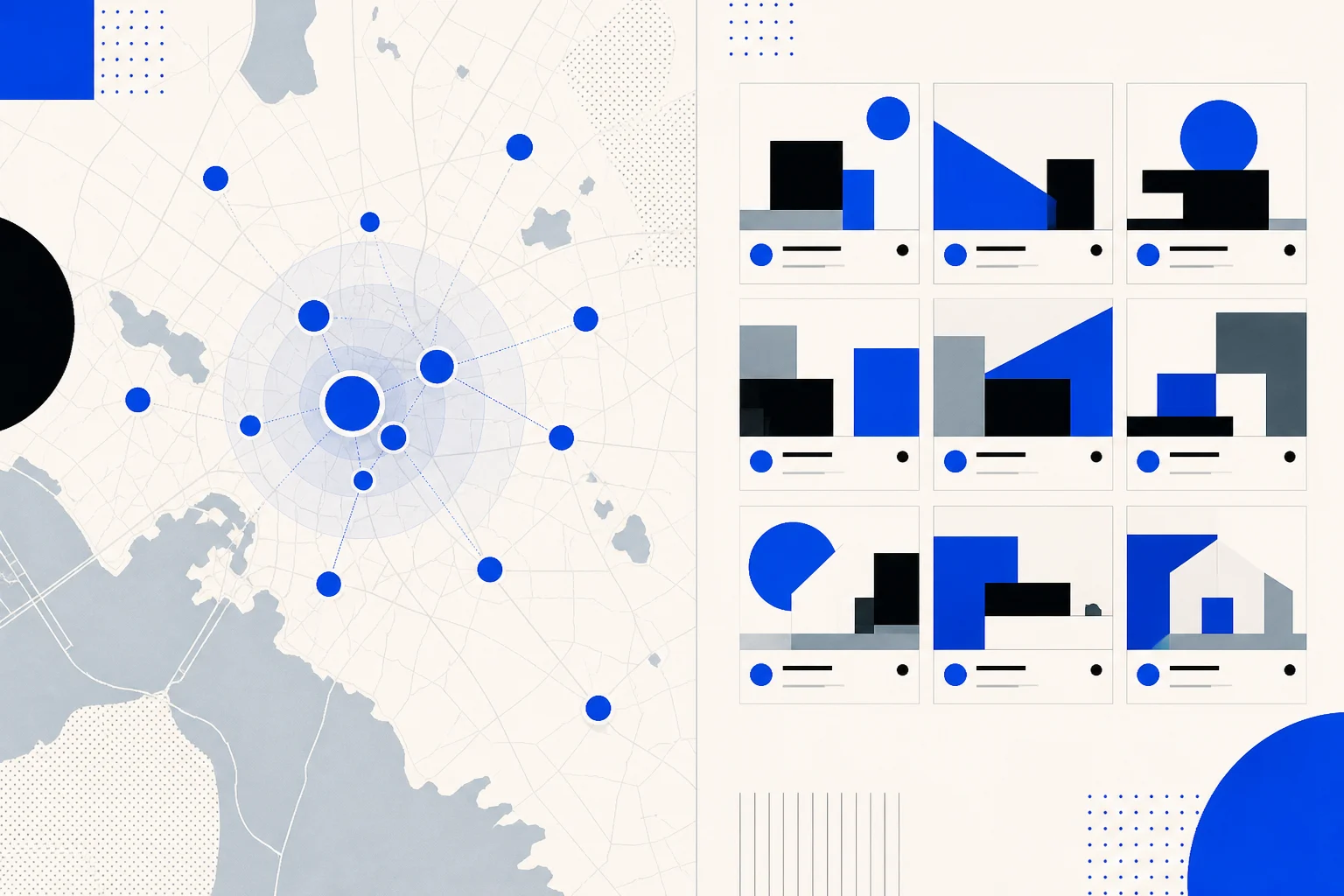Abstract map and listing-grid composition representing the BP Listings library