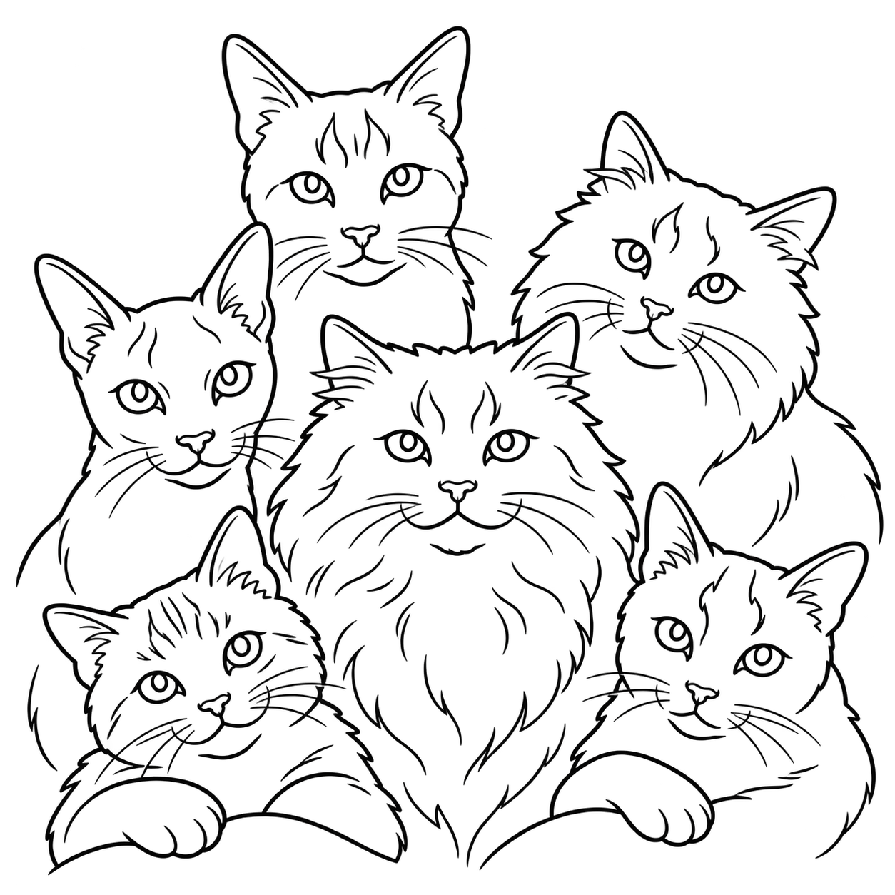 Black line illustration of six cats gathered for a group portrait