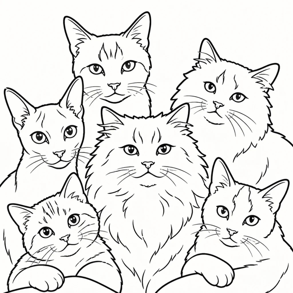 Black line illustration of six cats gathered for a group portrait