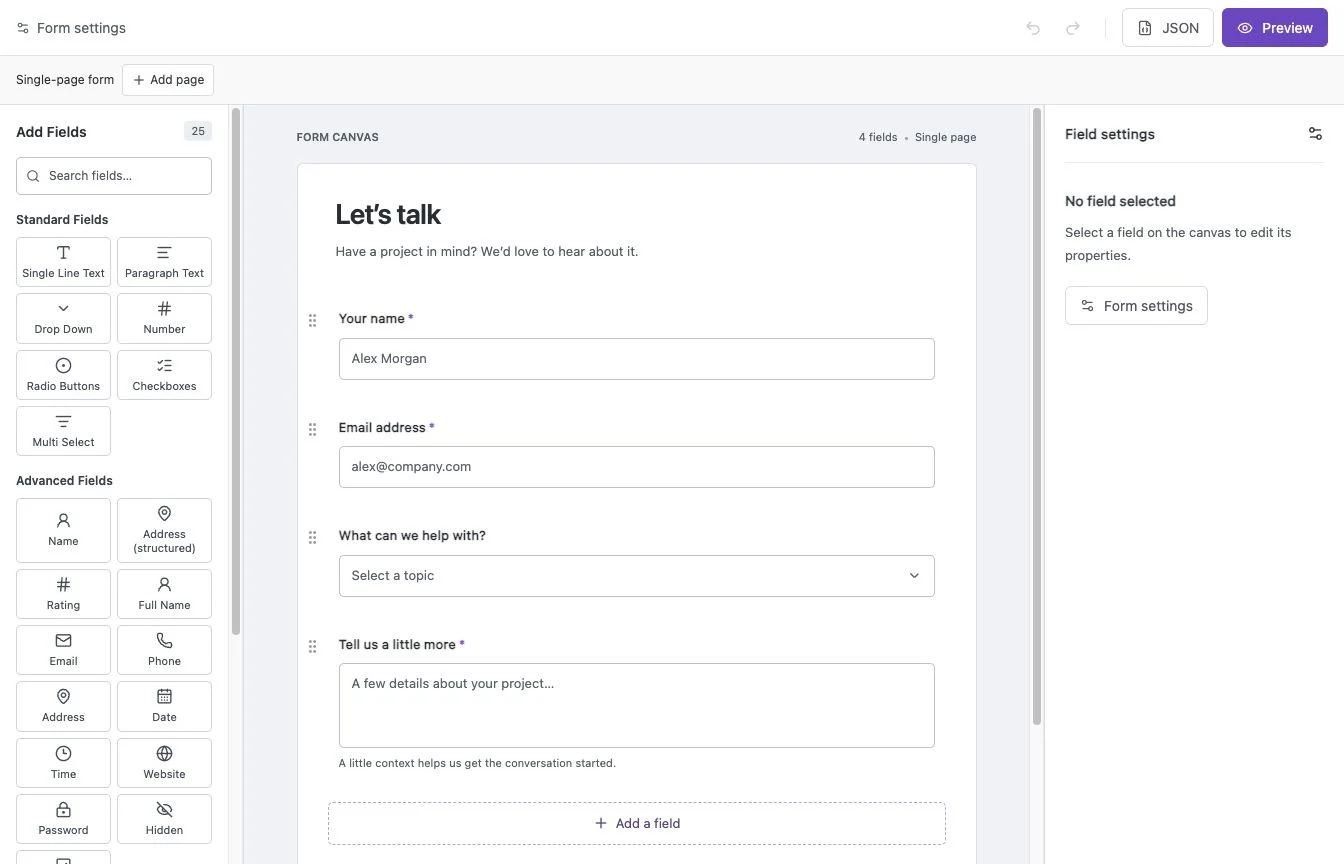 Formcraft contact form canvas with a field toolbox and settings inspector.
