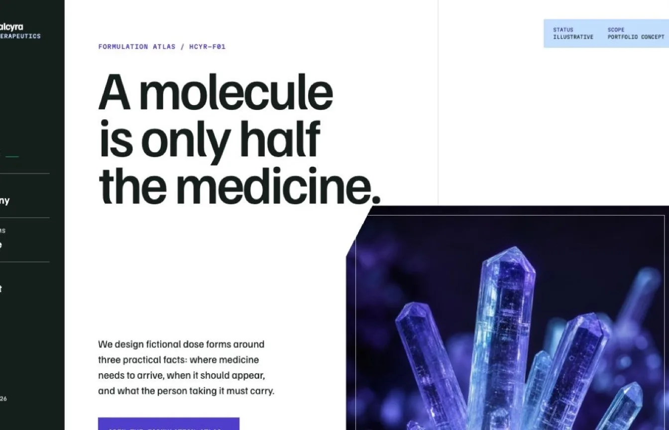 Halcyra Therapeutics homepage with an evidence-led pharmaceutical formulation atlas layout
