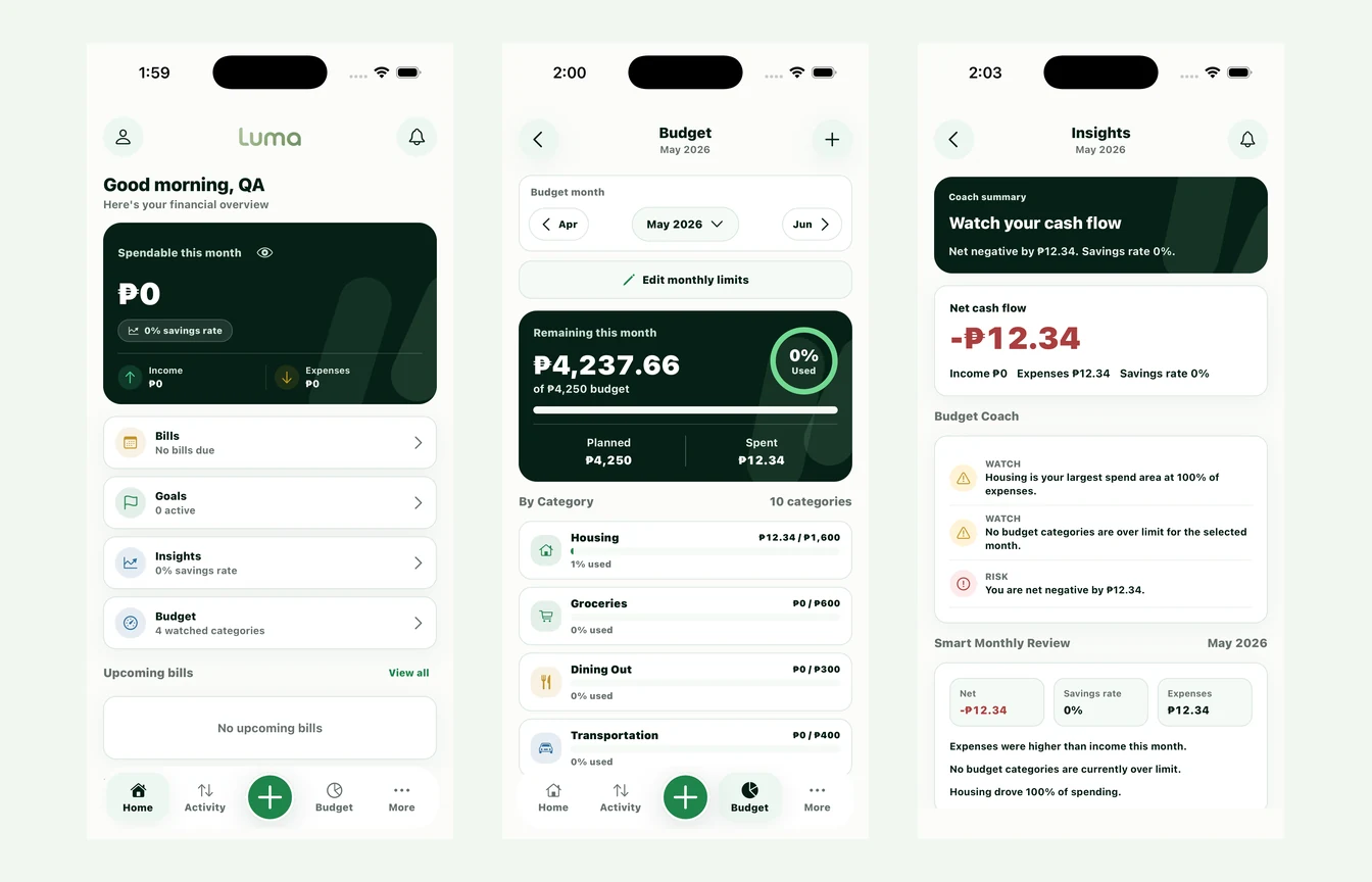 Luma mobile app screens showing its home overview, monthly budget, and cash-flow insights