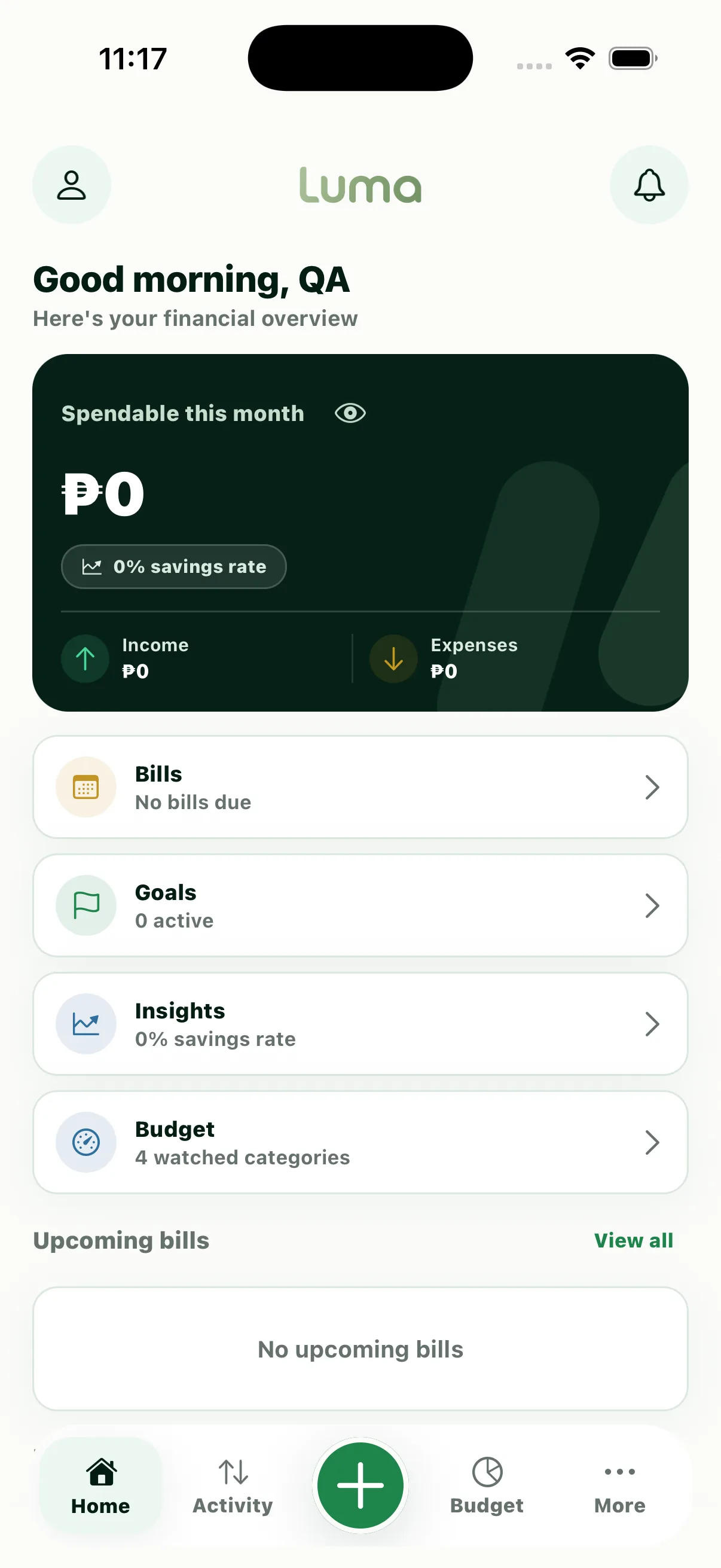 Luma Home screen