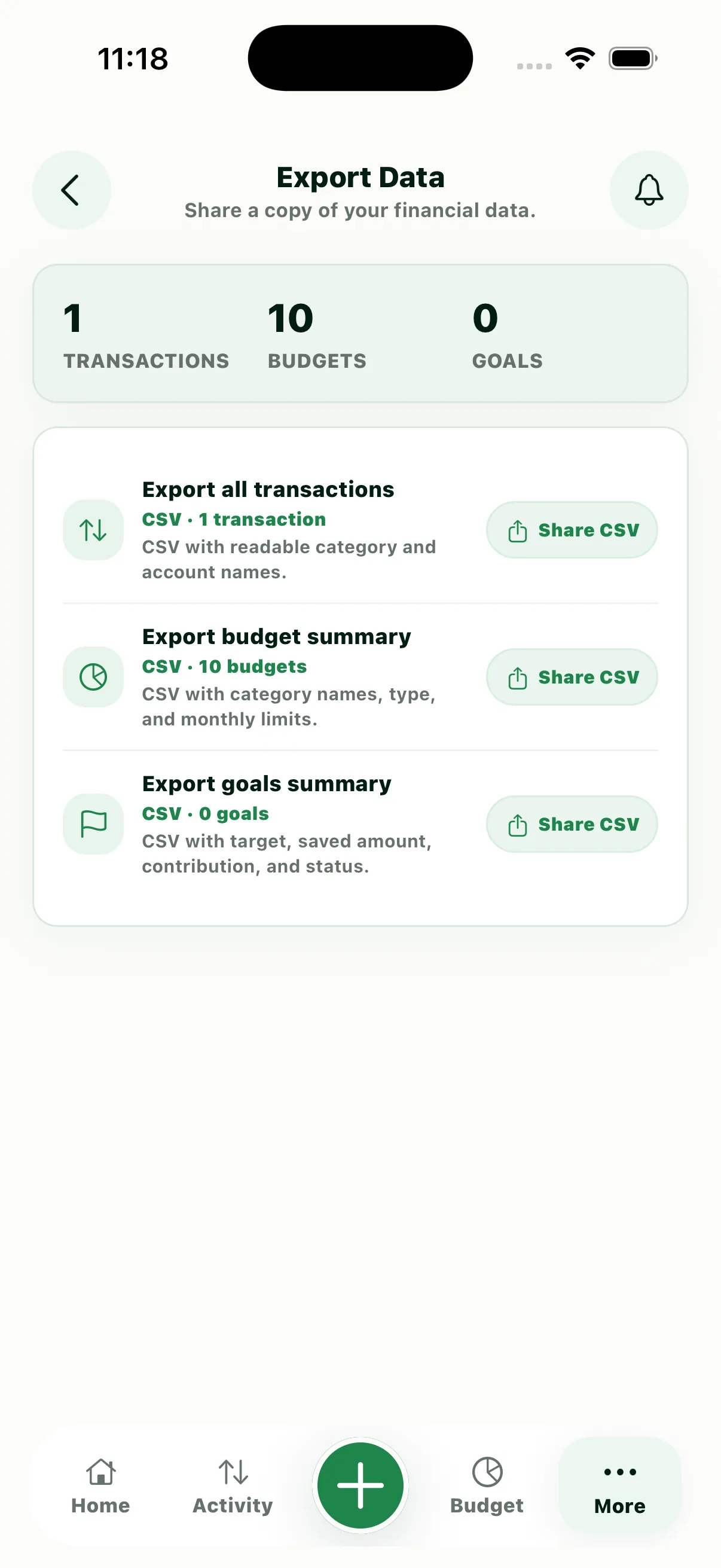 Luma Export Data screen