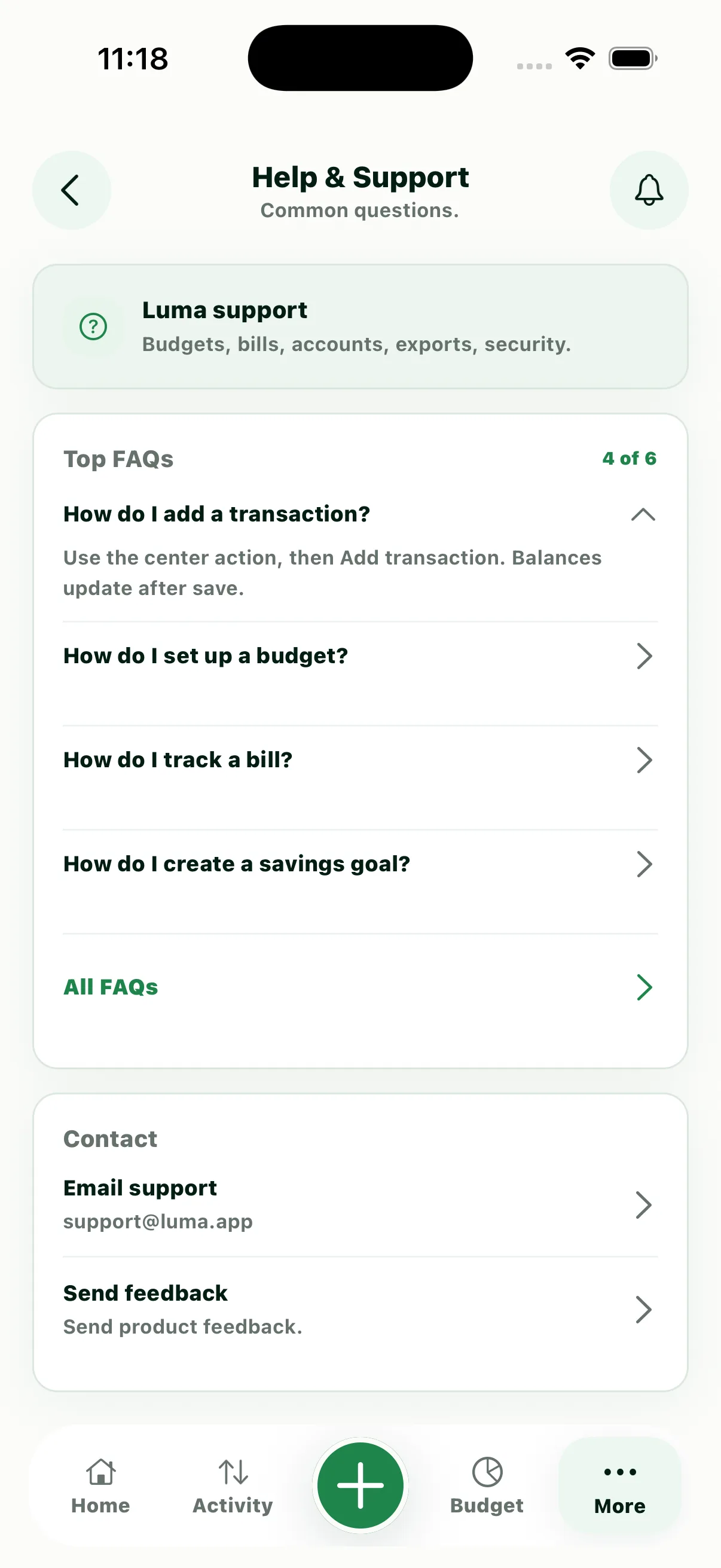 Luma Help & Support screen