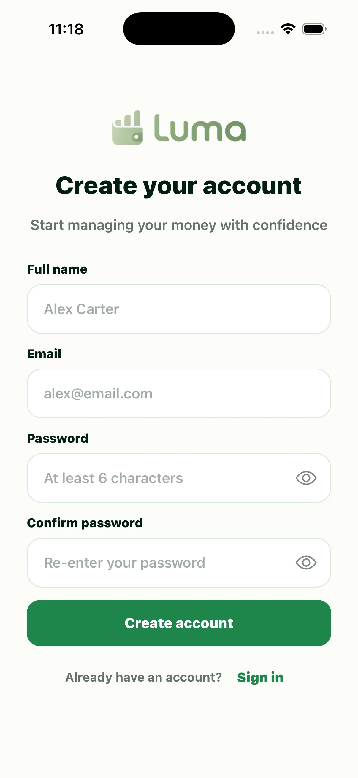 Luma Create Account screen