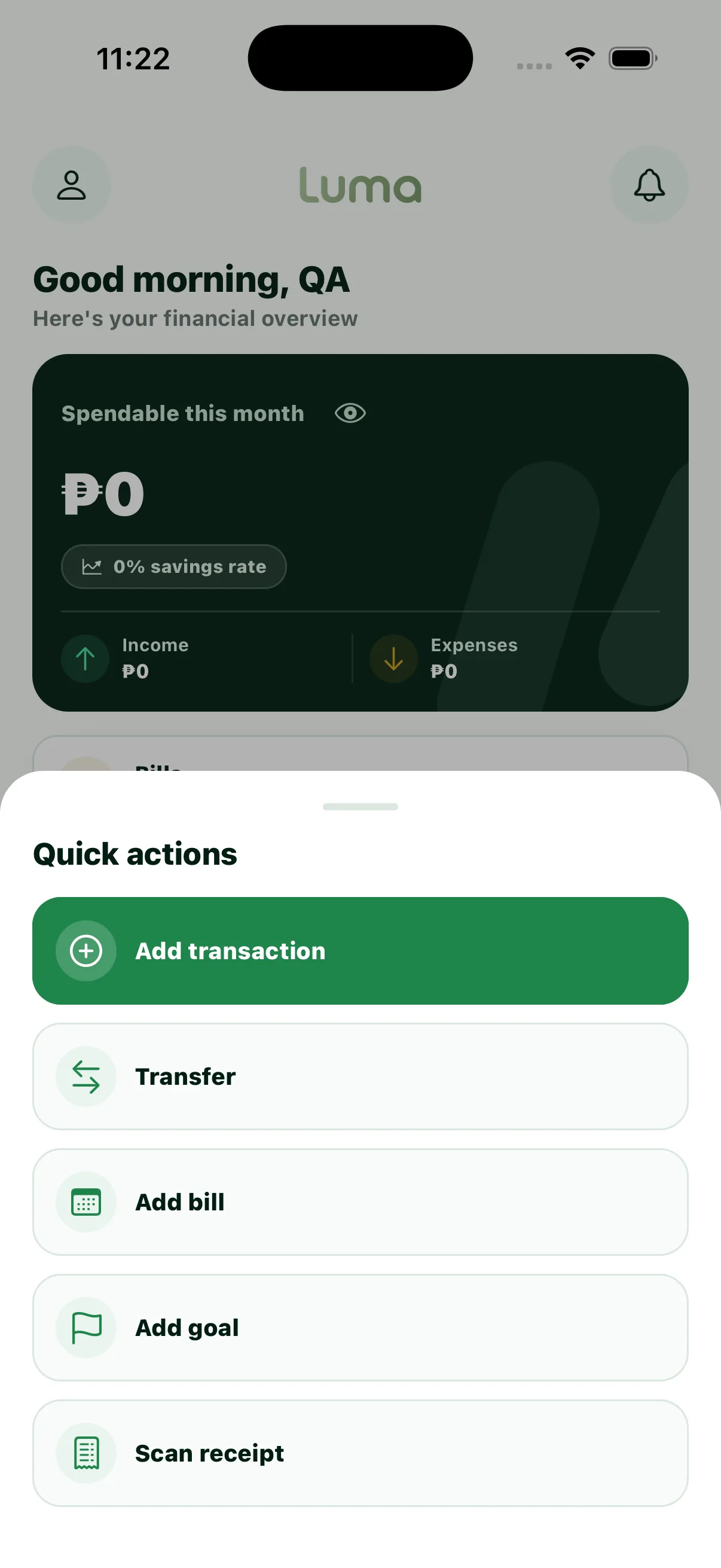 Luma Quick Actions screen