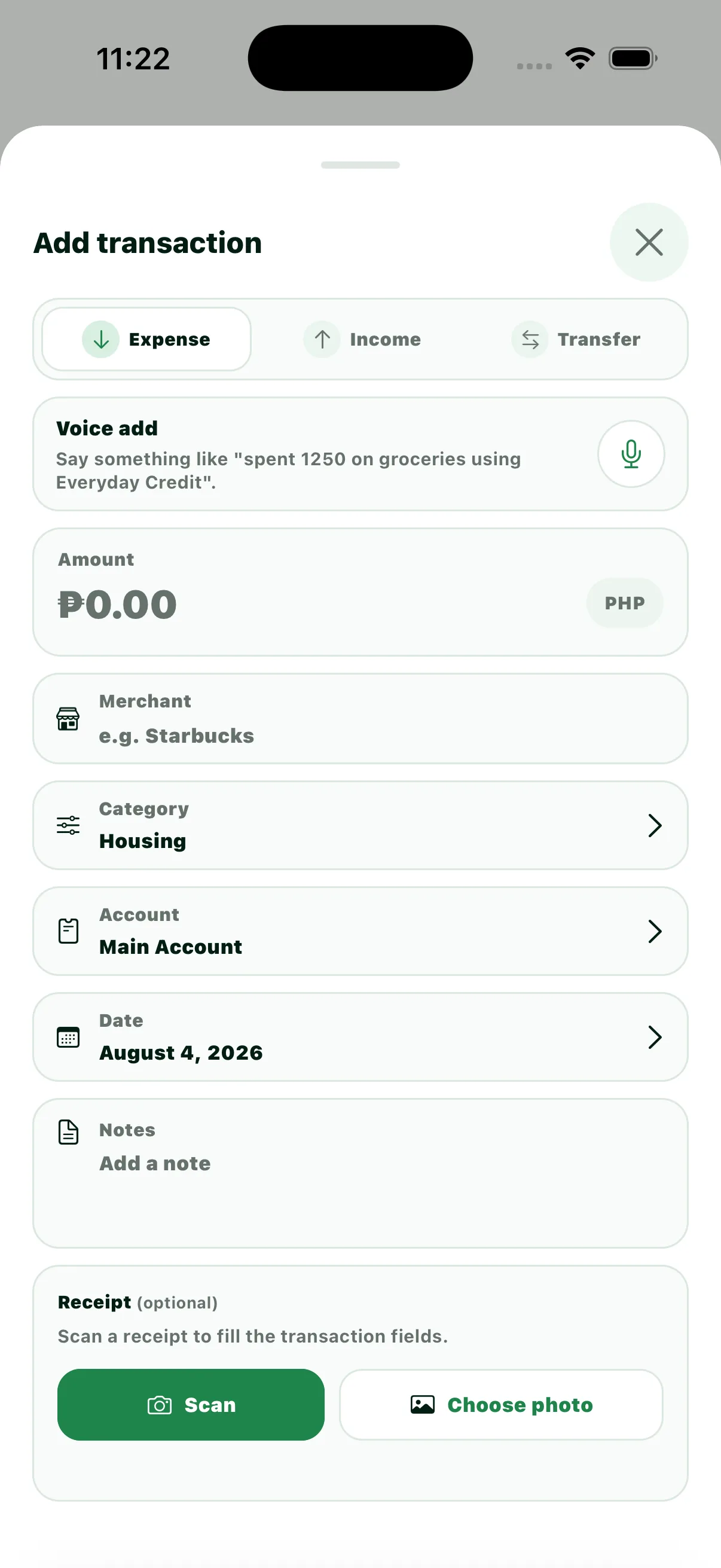 Luma Add Transaction screen