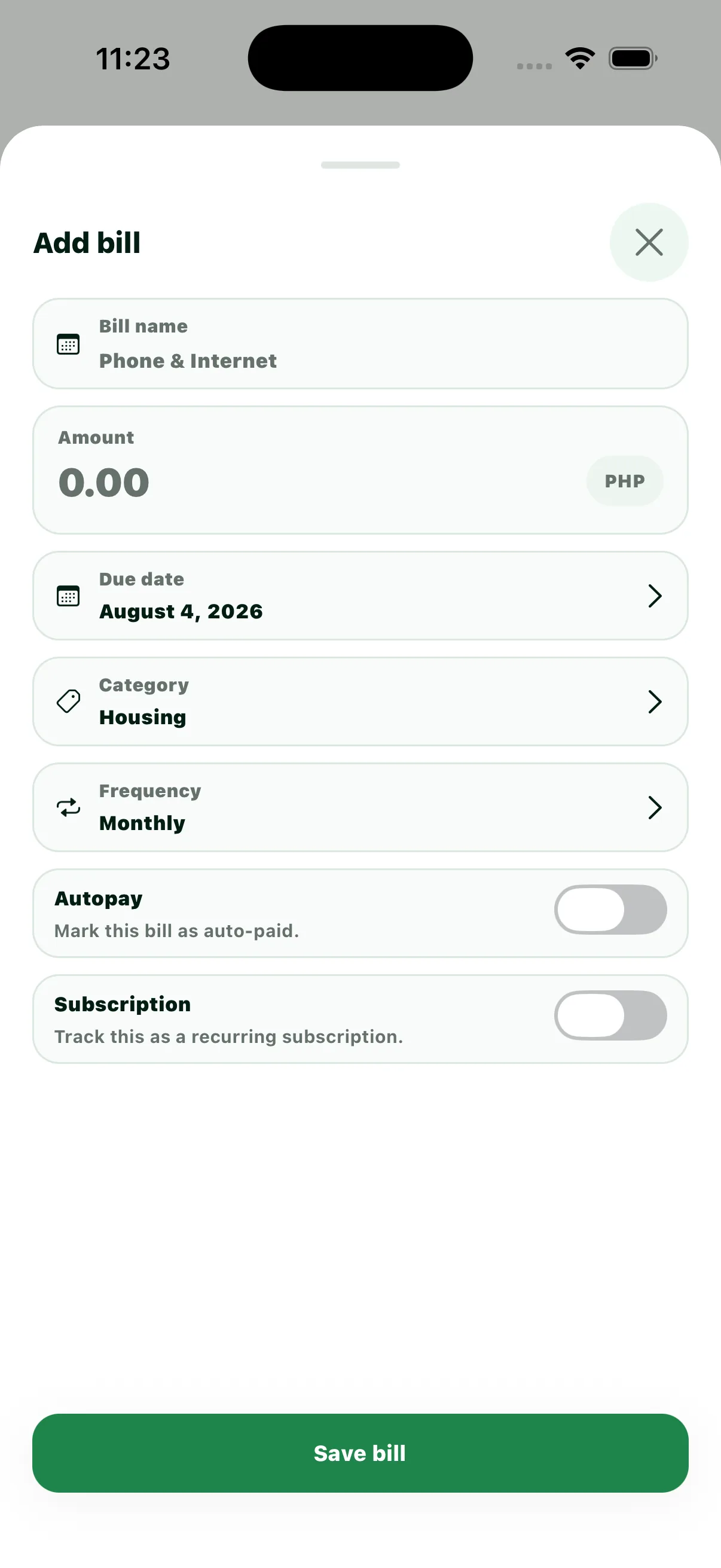Luma Add Bill screen