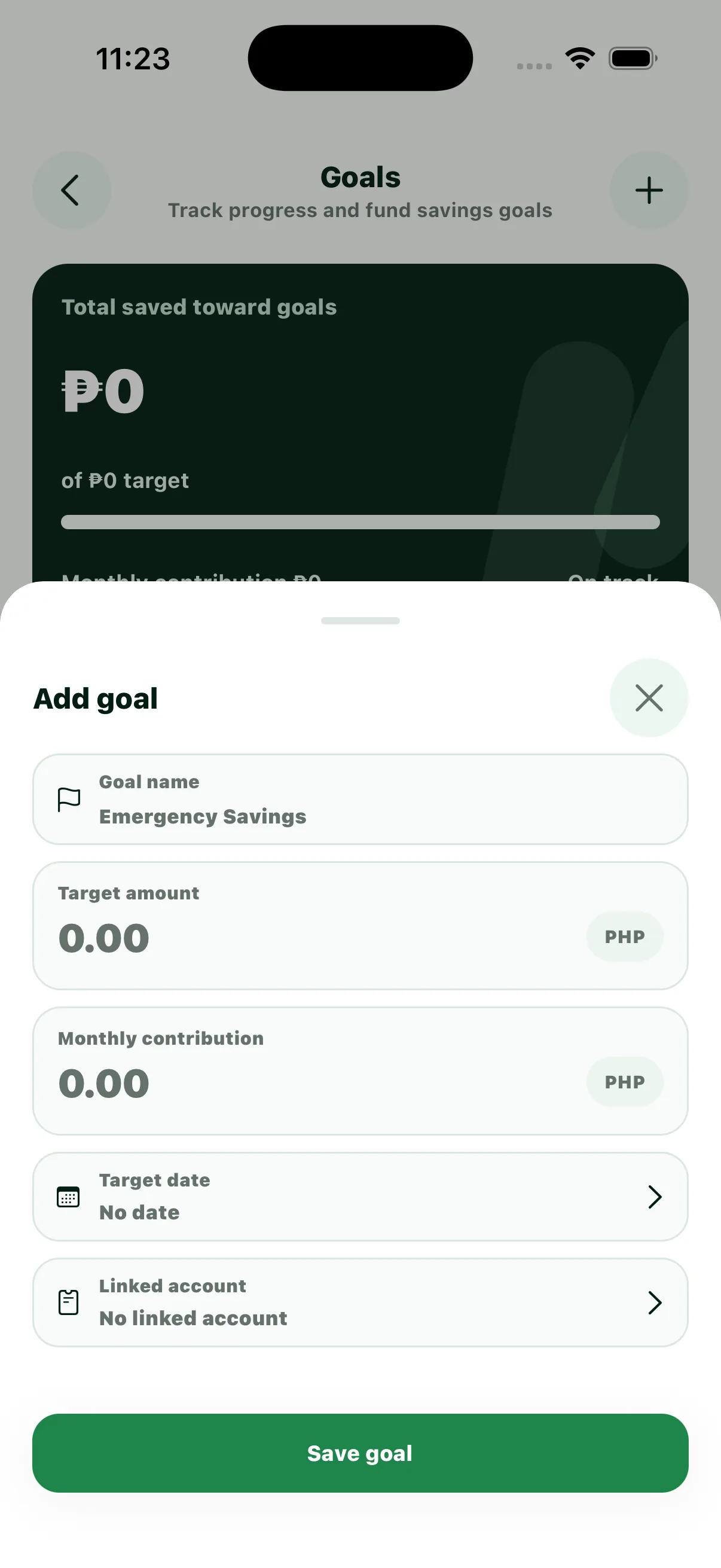 Luma Add Goal screen