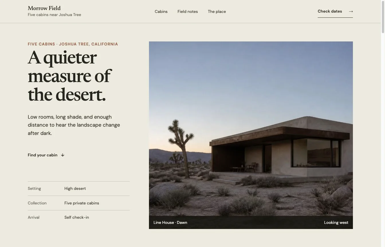 Morrow Field desert-cabin homepage with a quiet editorial headline beside a low modern cabin at dawn.
