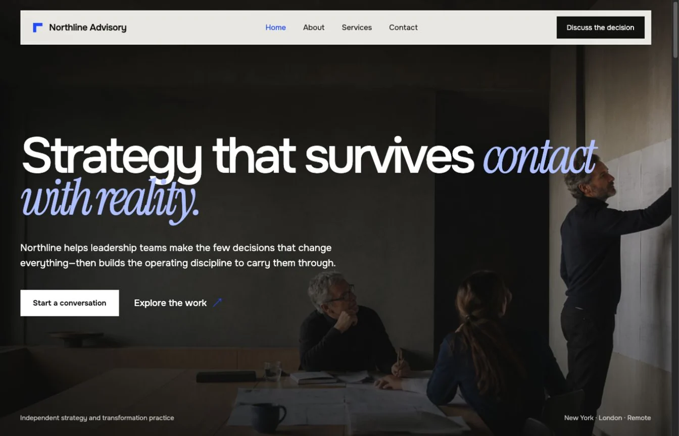 Northline Advisory homepage with an image-led strategy consulting hero, oversized editorial typography, and a decision-focused call to action.