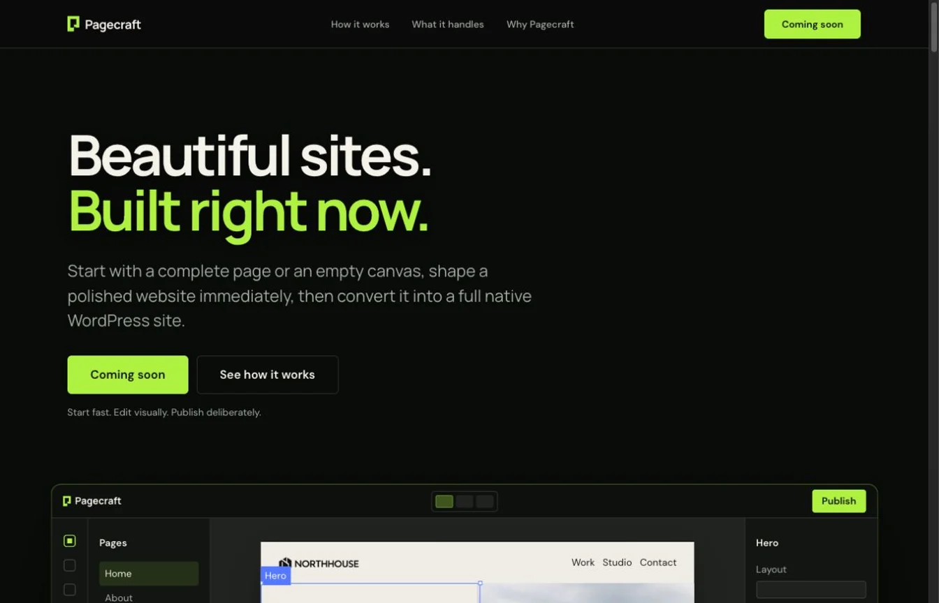 Pagecraft product page with lime-green typography and a visual website editor preview.