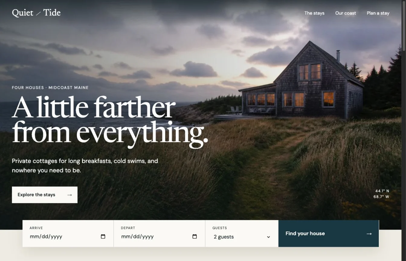 Quiet Tide vacation-rental homepage with a weathered Maine cottage above the coast and an availability search panel.