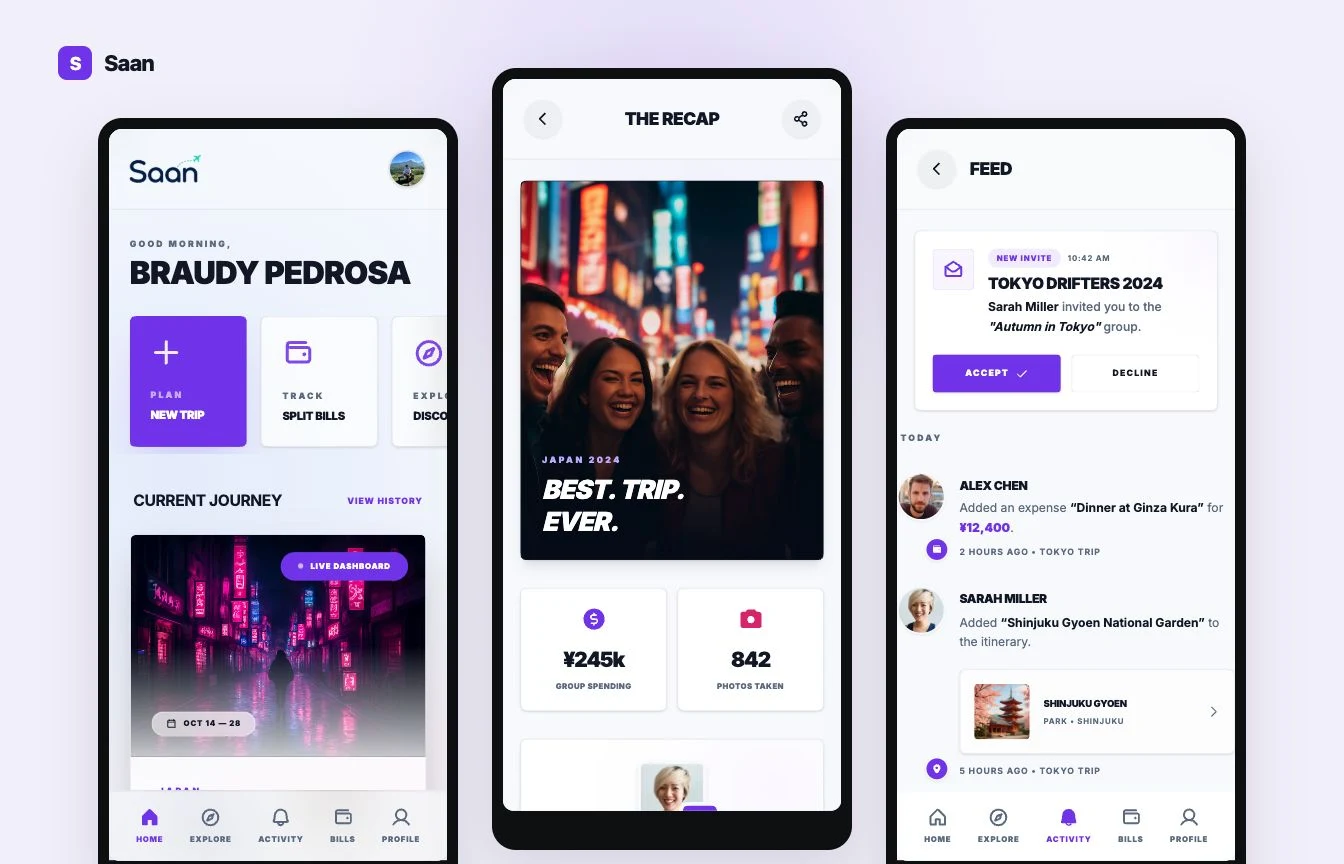 Saan mobile app concept showing its journey home, trip recap, and collaborative activity feed