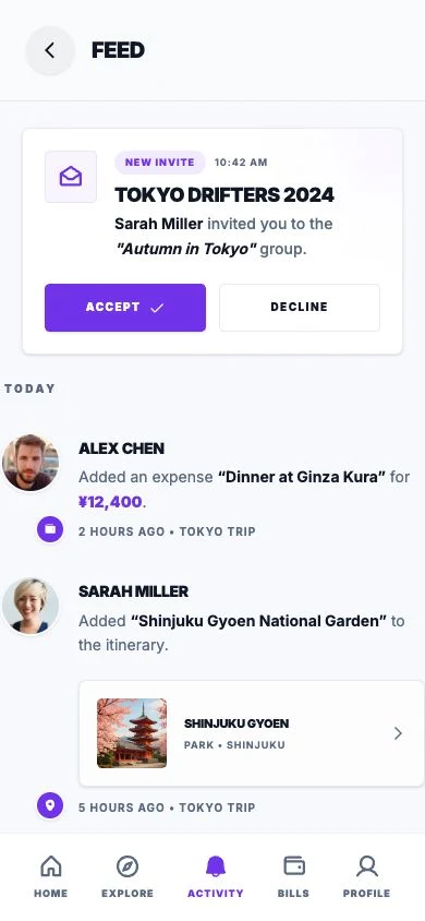 Saan Activity Feed screen