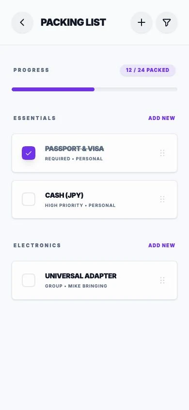 Saan Packing Checklist screen