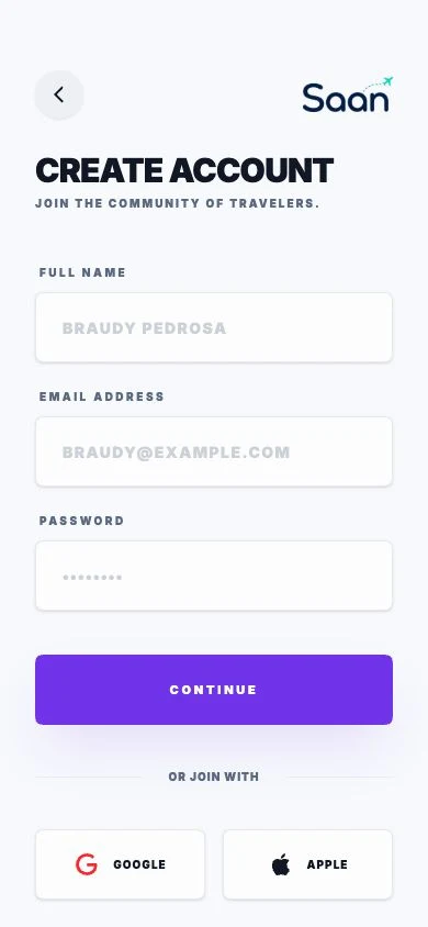 Saan Sign Up screen