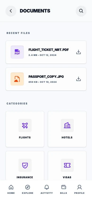 Saan Travel Documents screen