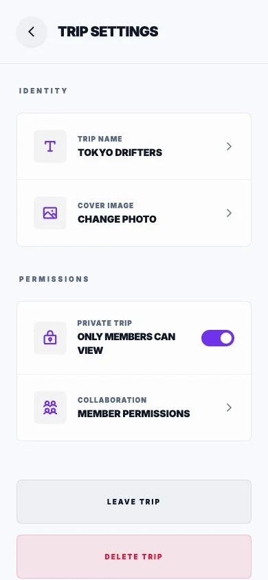 Saan Trip Settings screen