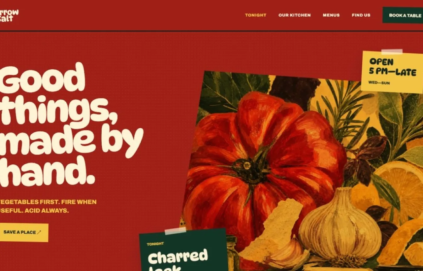 Yarrow and Salt homepage with a vivid kitchen-wall restaurant layout and illustrated produce collage