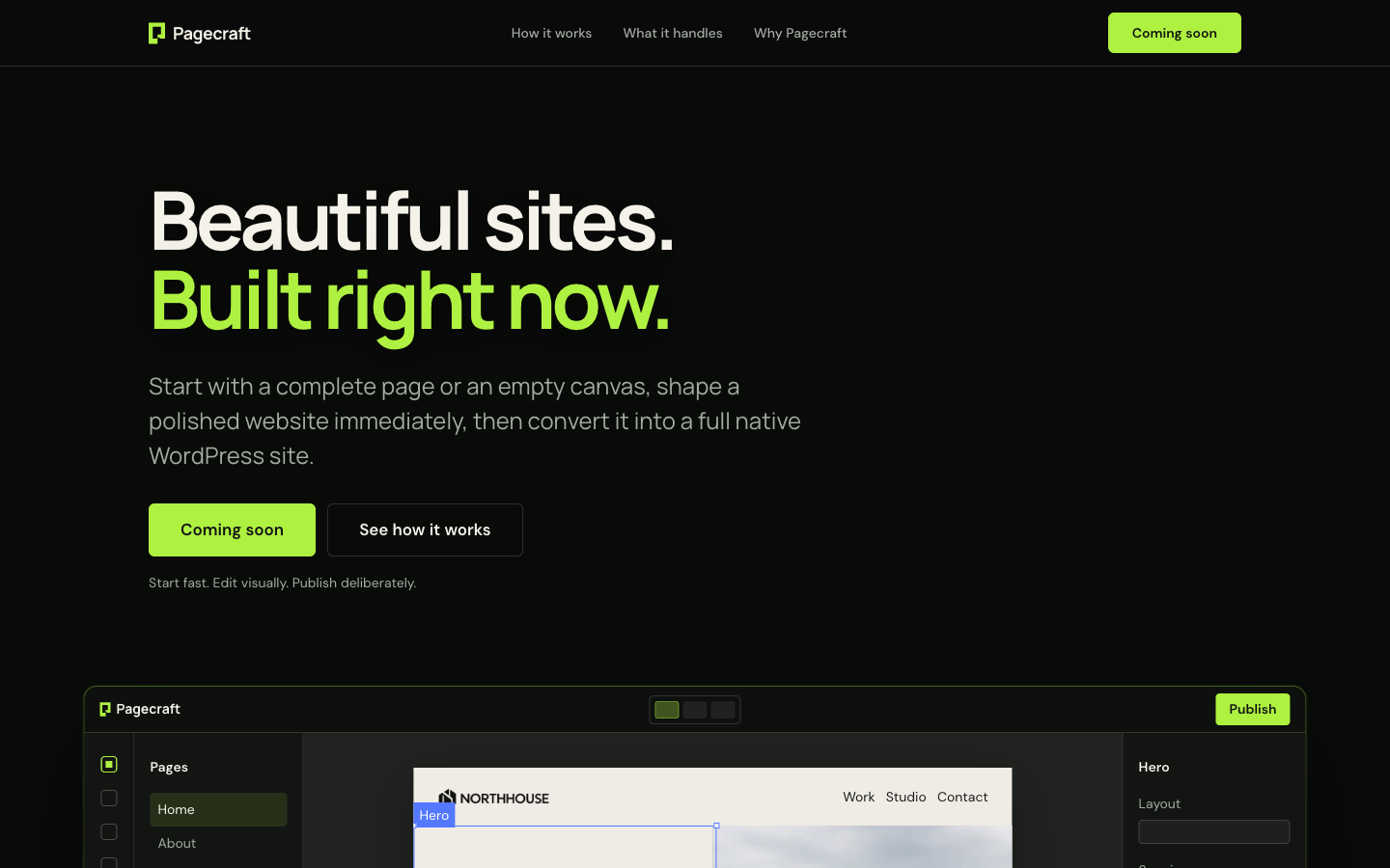 Pagecraft product page with lime-green typography and a visual website editor preview.