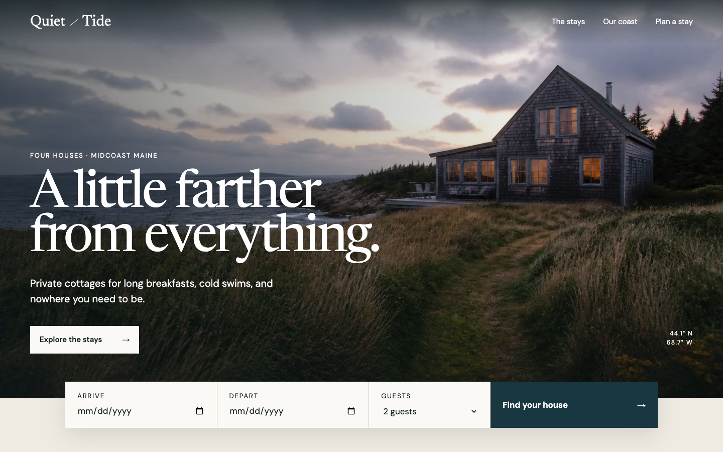 Quiet Tide vacation-rental homepage with a weathered Maine cottage above the coast and an availability search panel.