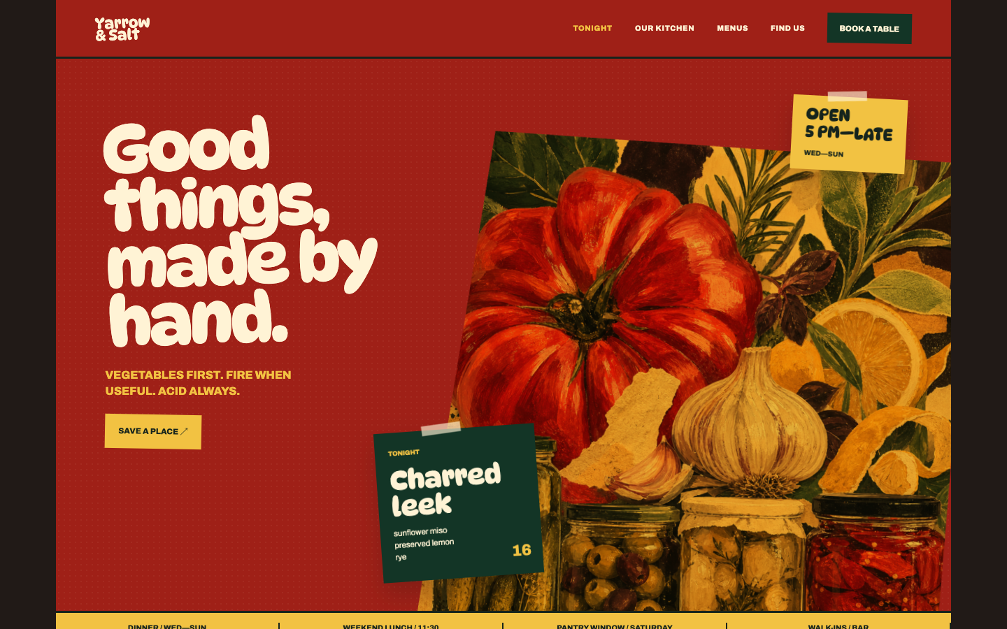 Yarrow and Salt homepage with a vivid kitchen-wall restaurant layout and illustrated produce collage